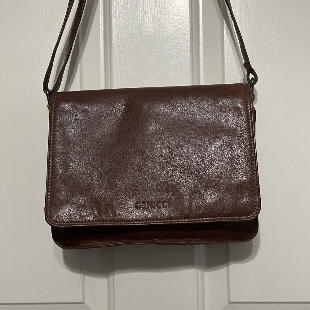 GENICCI Brown Leather Crossbody Shoulder Bag Multi Compartment